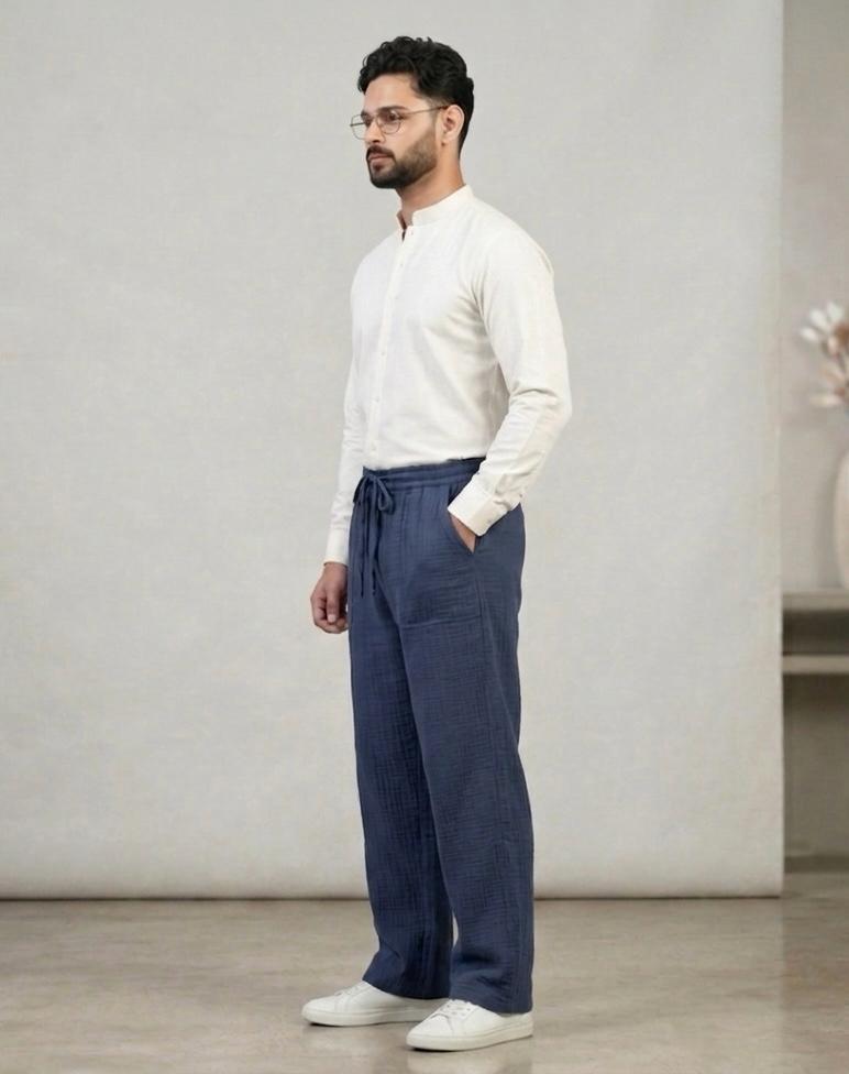 Navy (Zara) Wide Leg Corrugated Linen