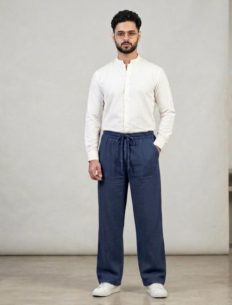 Navy (Zara) Wide Leg Corrugated Linen